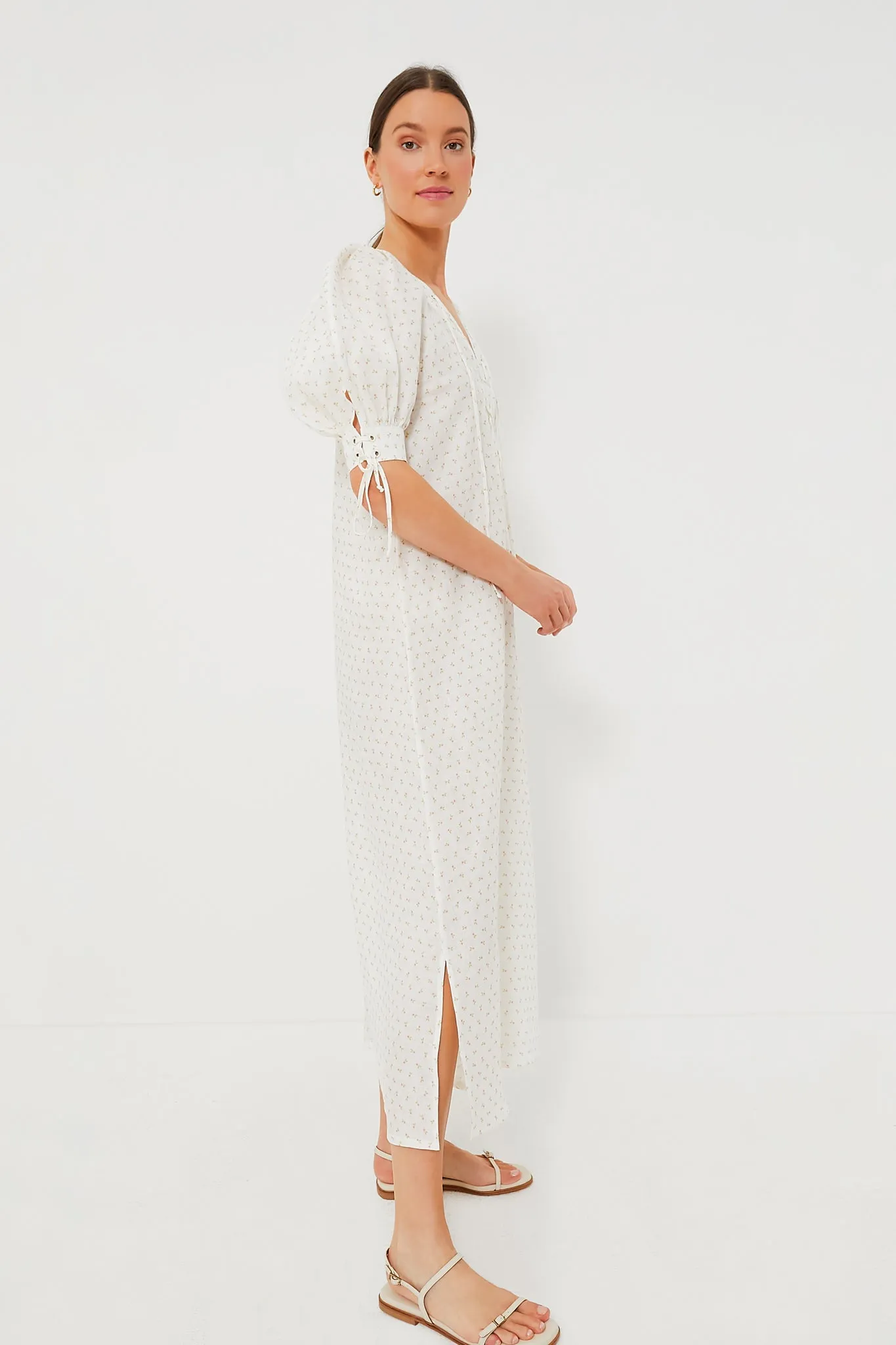 White and Pink Rose Garden Linen Dress