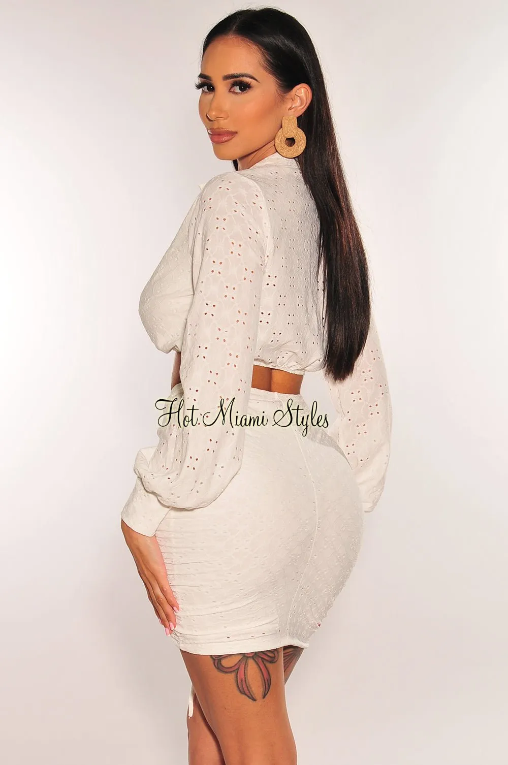 White Eyelet Embroidery Collared Long Sleeve Ruched Skirt Two Piece Set