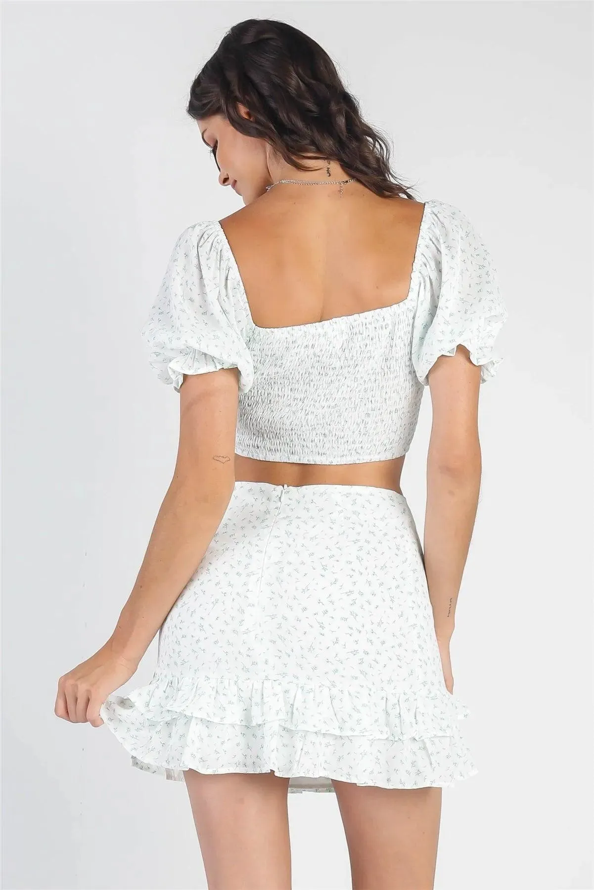 White Green Floral Smoked Short Sleeve Crop Top & High Waist Skirt Set /3-2-1