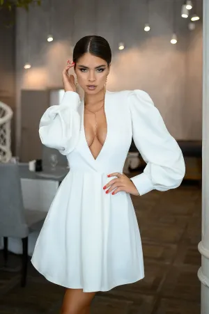 White Puff-Sleeve V-Neck Mini Dress