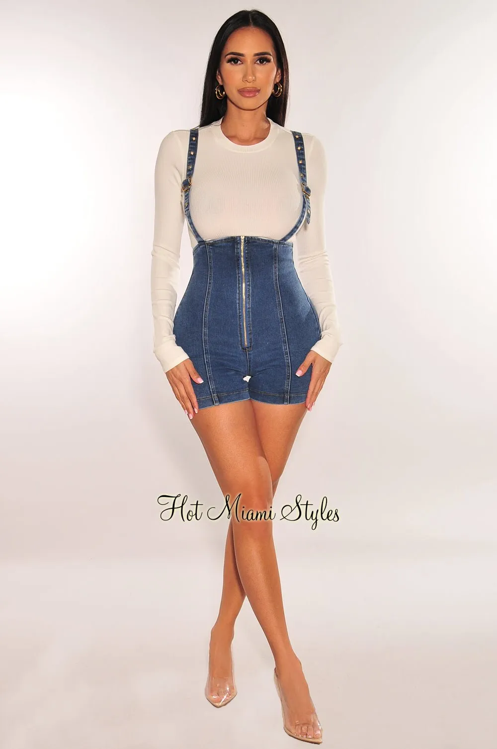 White Ribbed Long Sleeve Denim Overall Shorts   Top Two Piece Set