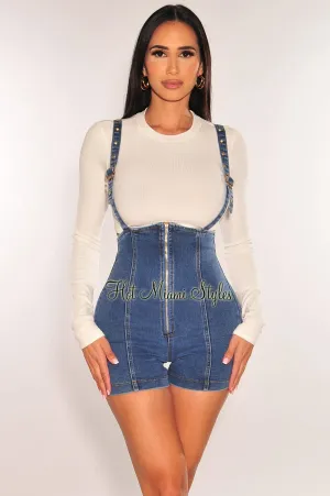 White Ribbed Long Sleeve Denim Overall Shorts   Top Two Piece Set