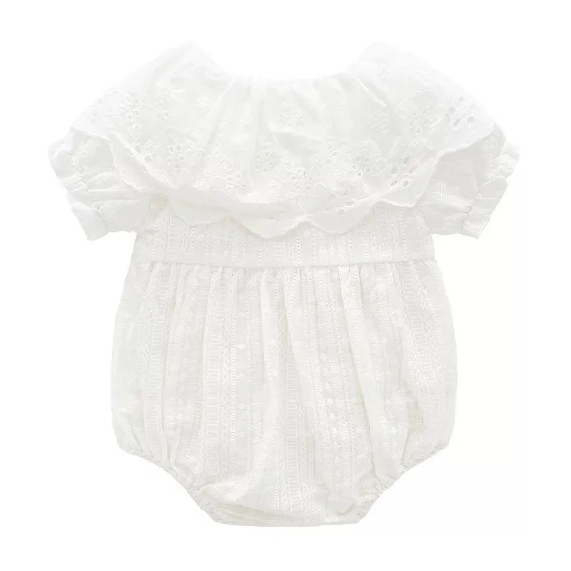 White Ruffle Cotton Rompers with a Cap