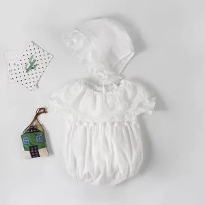 White Ruffle Cotton Rompers with a Cap