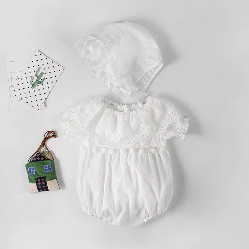 White Ruffle Cotton Rompers with a Cap