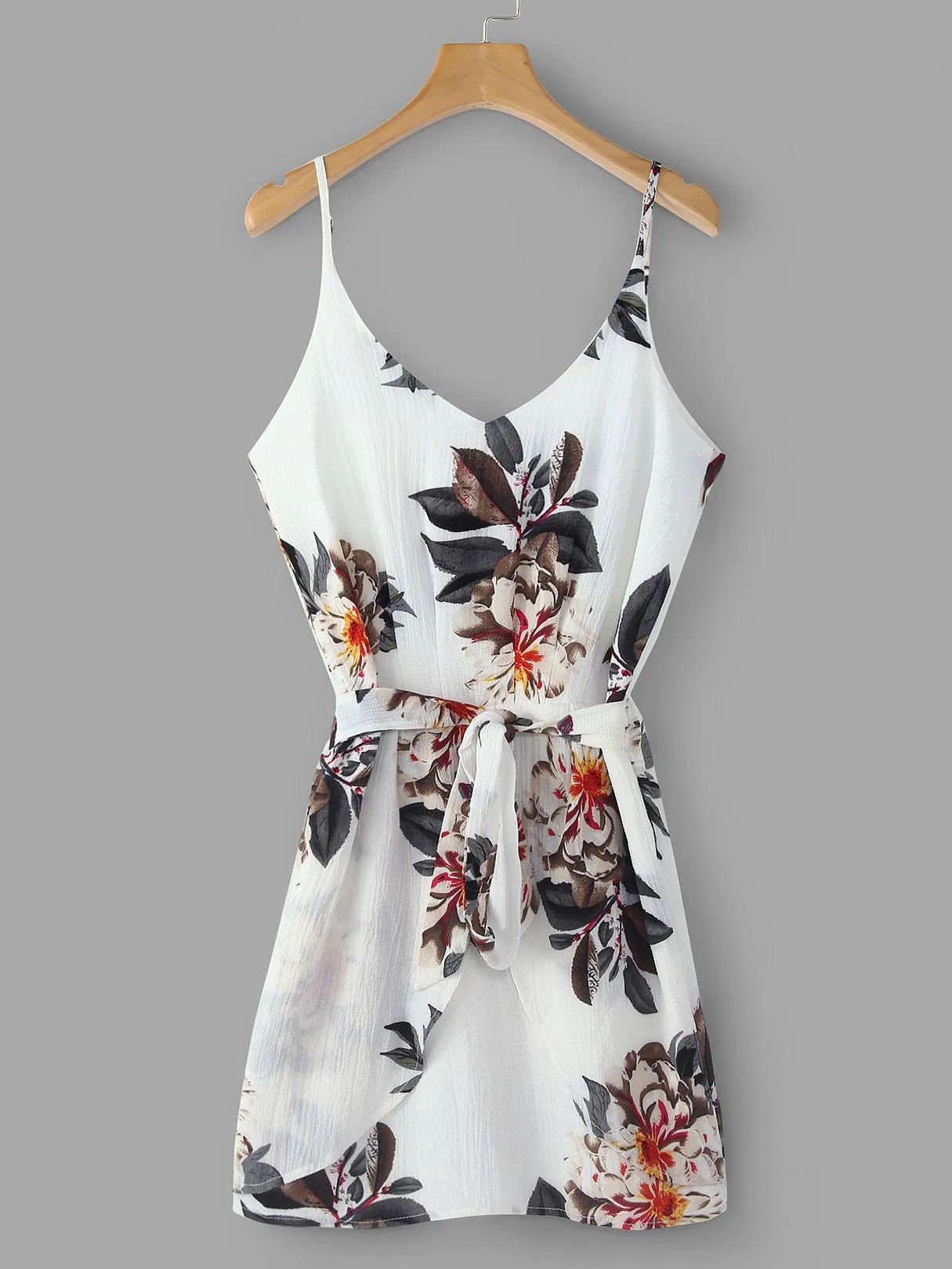 Wholesale Round Neck Sleeveless Floral Print Tiered Backless Spaghetti Strap Self-Tie Curved Hem Dresses