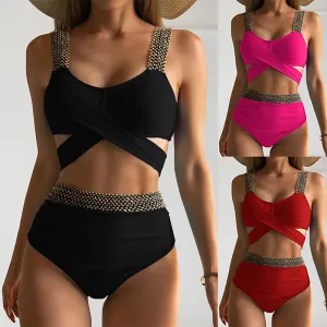 Wholesale Women's Polyester Cross High Waisted Elastic Split Bikini Swimsuits