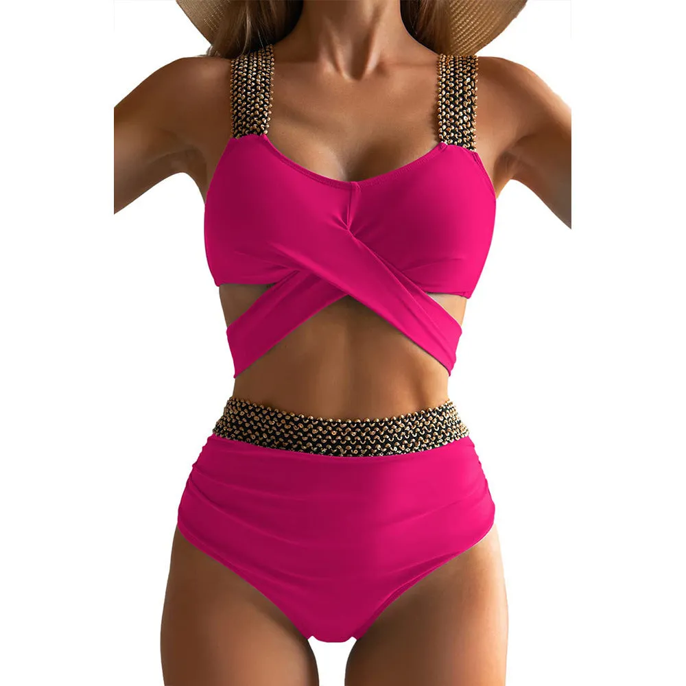 Wholesale Women's Polyester Cross High Waisted Elastic Split Bikini Swimsuits