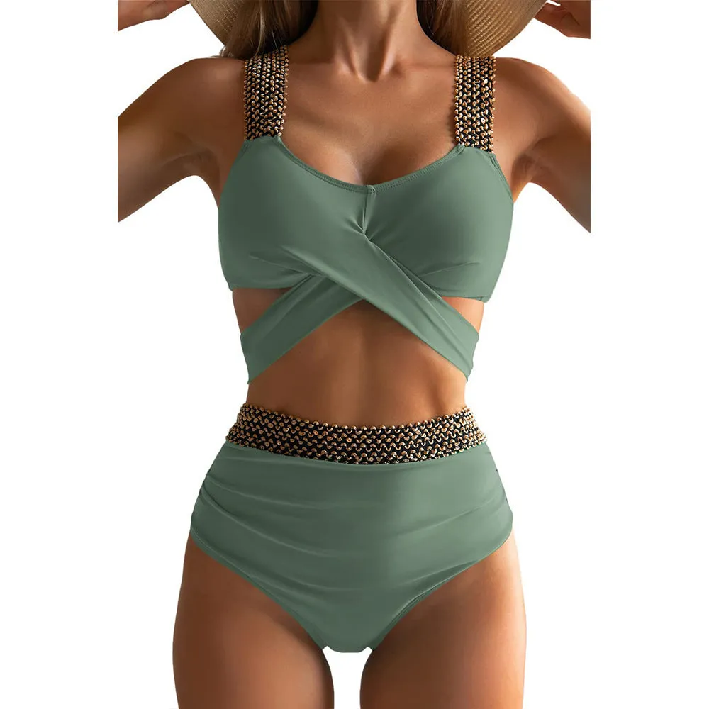 Wholesale Women's Polyester Cross High Waisted Elastic Split Bikini Swimsuits