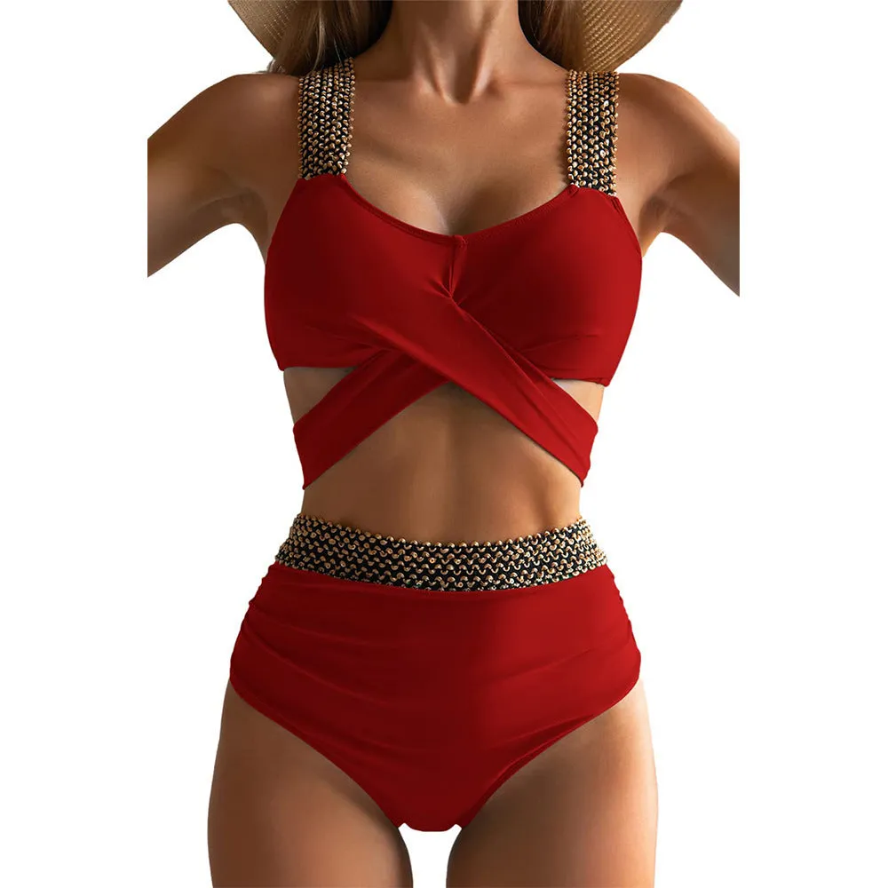 Wholesale Women's Polyester Cross High Waisted Elastic Split Bikini Swimsuits