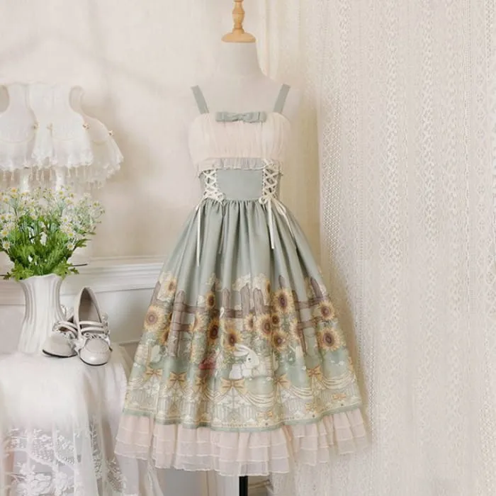 Wide Strap Floral Print Midi A-Line Layered Lolita Dress / Short-Sleeve Ruffle Blouse / Set