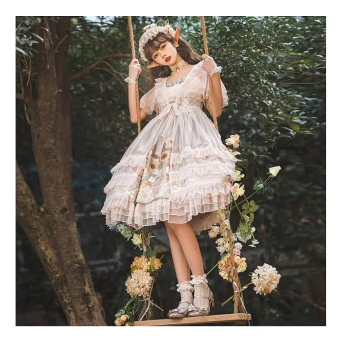 Wide Strap Floral Print Midi A-Line Layered Lolita Dress / Short-Sleeve Ruffle Blouse / Set