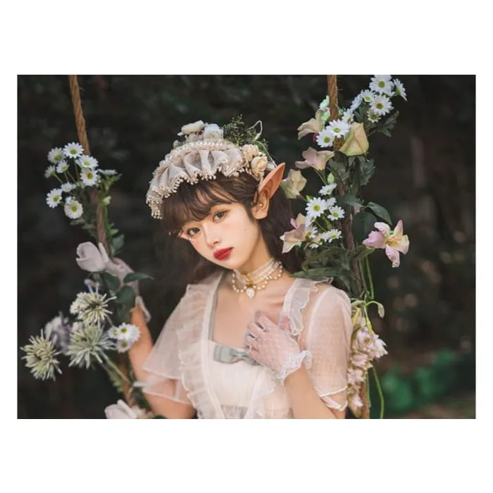 Wide Strap Floral Print Midi A-Line Layered Lolita Dress / Short-Sleeve Ruffle Blouse / Set