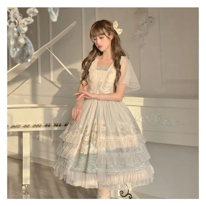 Wide Strap Floral Print Midi A-Line Layered Lolita Dress / Short-Sleeve Ruffle Blouse / Set