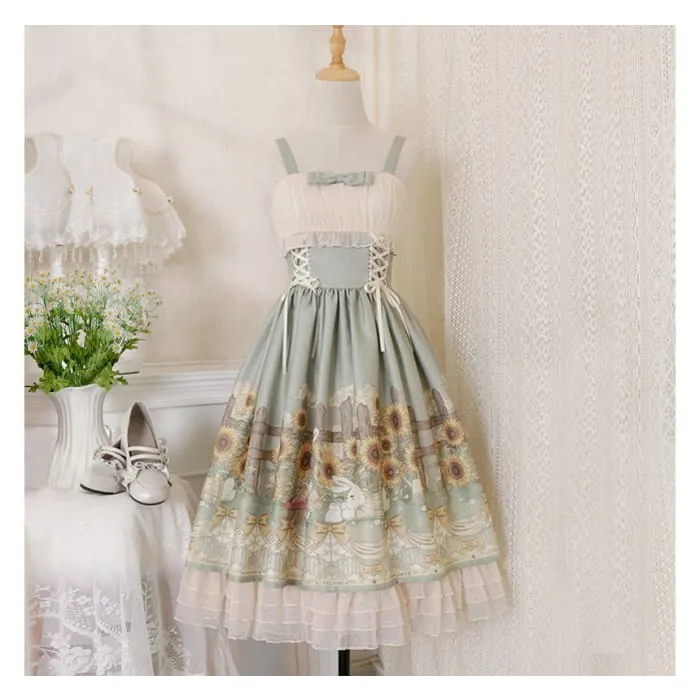Wide Strap Floral Print Midi A-Line Layered Lolita Dress / Short-Sleeve Ruffle Blouse / Set