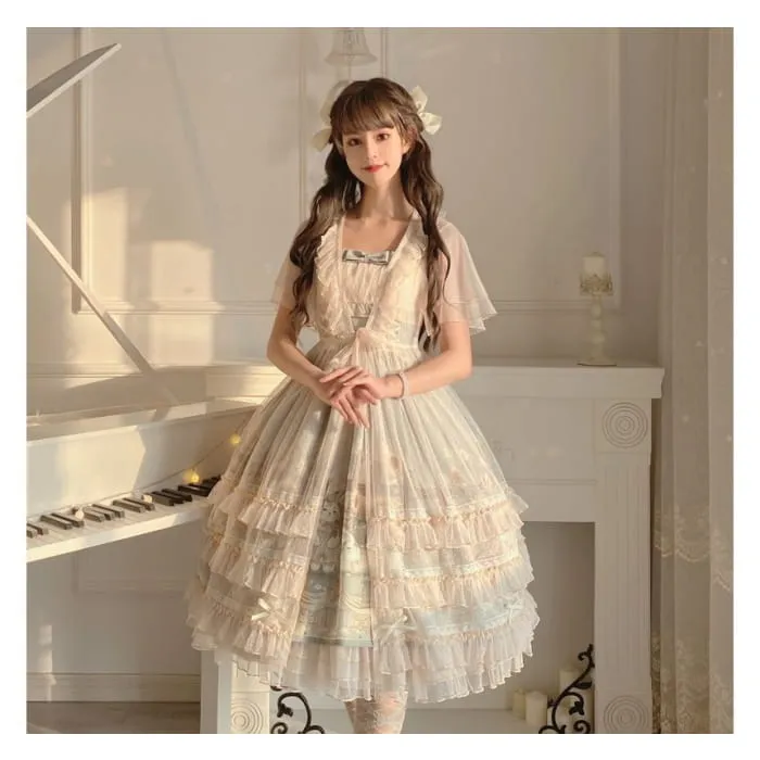 Wide Strap Floral Print Midi A-Line Layered Lolita Dress / Short-Sleeve Ruffle Blouse / Set