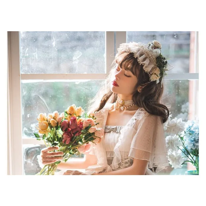 Wide Strap Floral Print Midi A-Line Layered Lolita Dress / Short-Sleeve Ruffle Blouse / Set