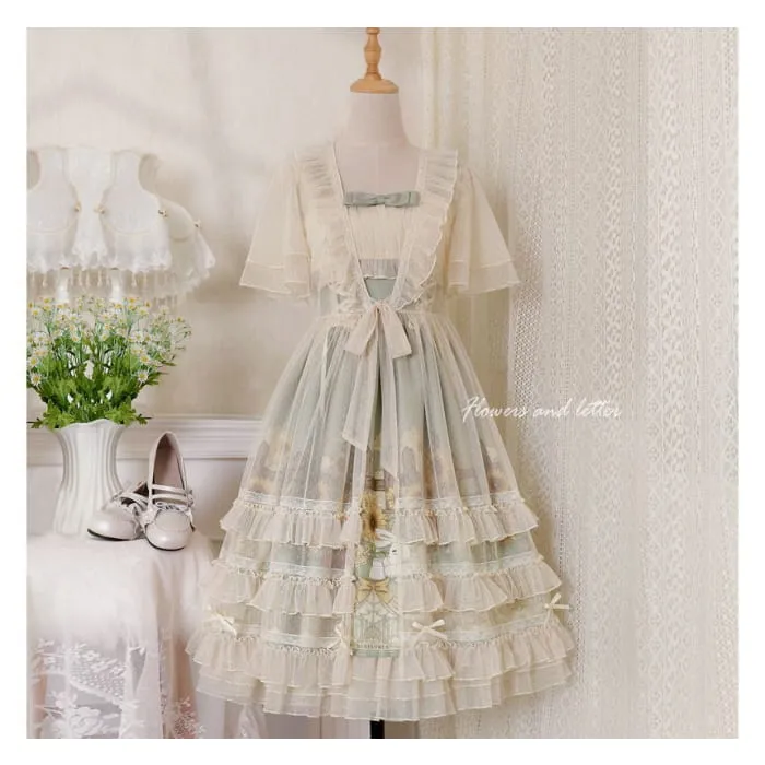 Wide Strap Floral Print Midi A-Line Layered Lolita Dress / Short-Sleeve Ruffle Blouse / Set