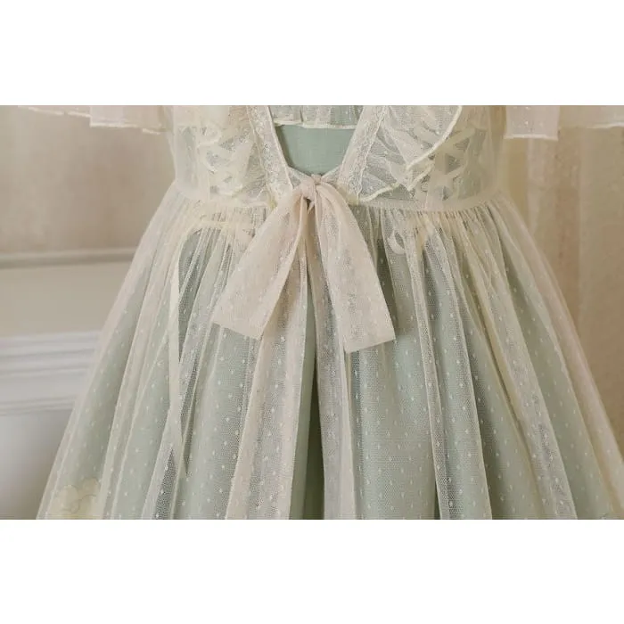 Wide Strap Floral Print Midi A-Line Layered Lolita Dress / Short-Sleeve Ruffle Blouse / Set