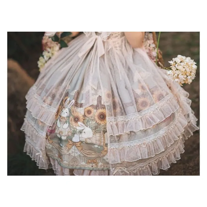 Wide Strap Floral Print Midi A-Line Layered Lolita Dress / Short-Sleeve Ruffle Blouse / Set
