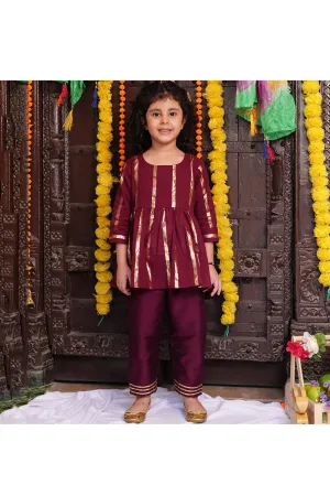 Wine Lace Detailing Cotton Kurta With Pyjama Set