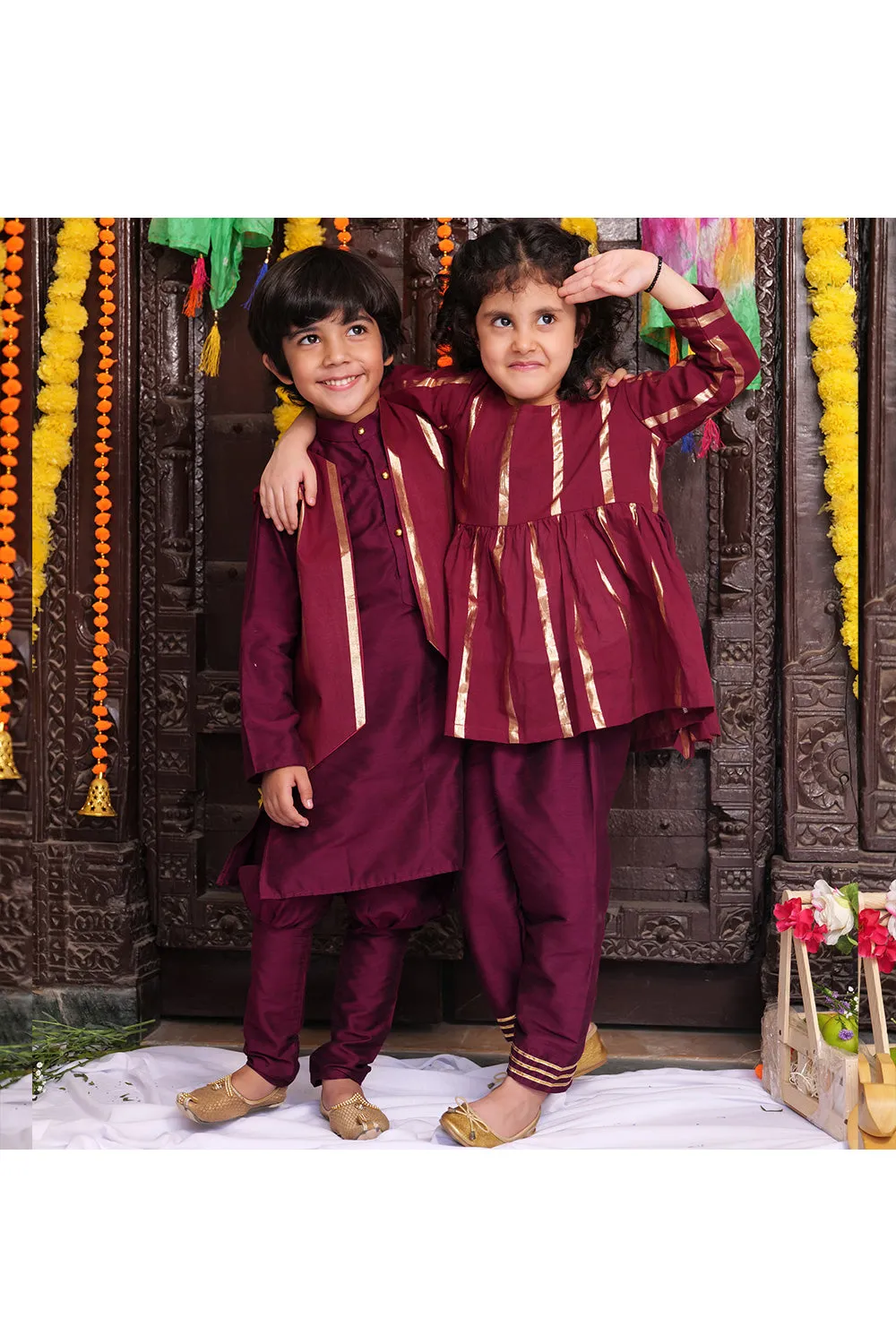 Wine Lace Detailing Cotton Kurta With Pyjama Set