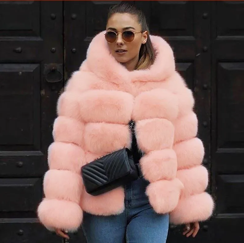 Winter Faux Fur Women Hooded Mid-Length Fox Fur Fur Coat for Women
