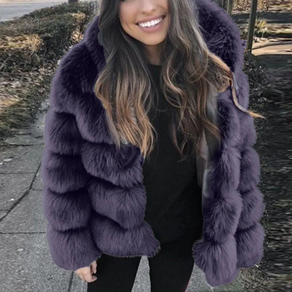 Winter Faux Fur Women Hooded Mid-Length Fox Fur Fur Coat for Women