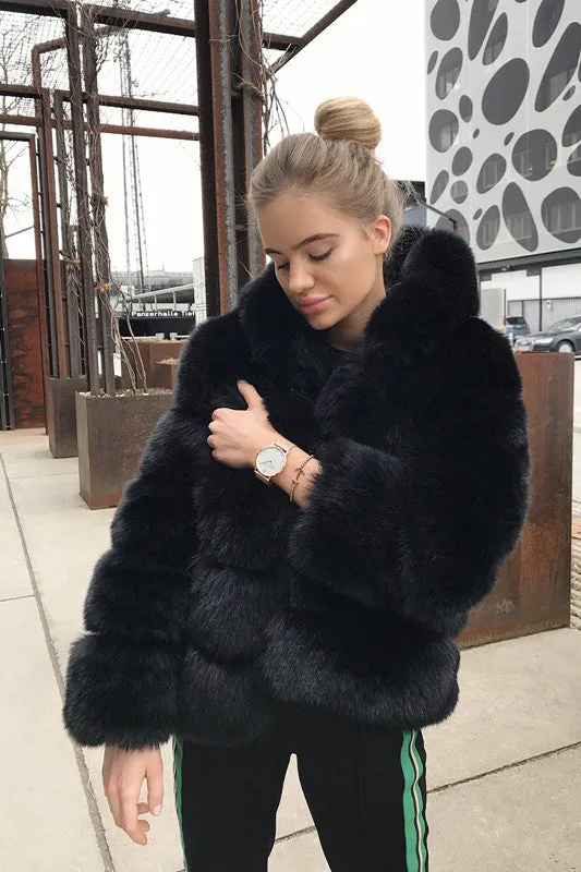 Winter Faux Fur Women Hooded Mid-Length Fox Fur Fur Coat for Women