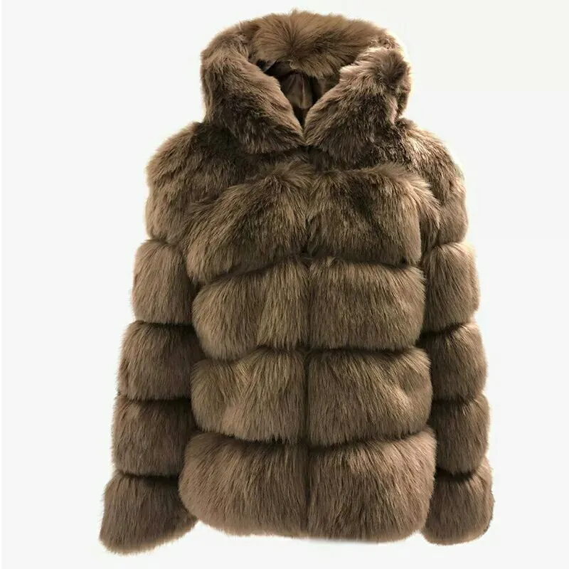 Winter Faux Fur Women Hooded Mid-Length Fox Fur Fur Coat for Women