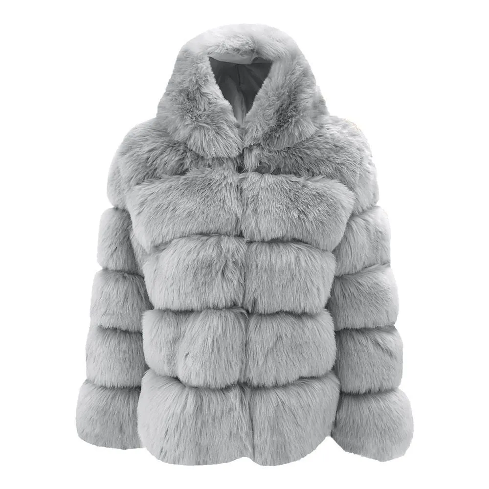 Winter Faux Fur Women Hooded Mid-Length Fox Fur Fur Coat for Women
