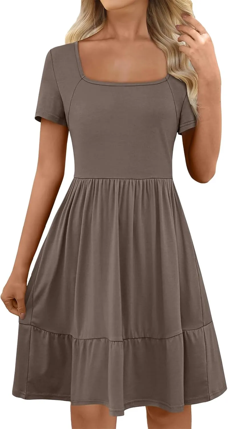 Women 2025 Summer Dress Casual Short Sleeve Square Neck Babydoll Dresses Vacation A-Line Ruffle Sundress