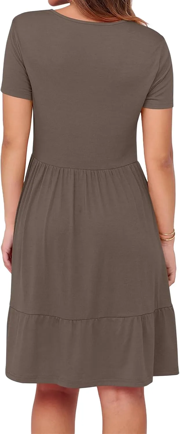 Women 2025 Summer Dress Casual Short Sleeve Square Neck Babydoll Dresses Vacation A-Line Ruffle Sundress