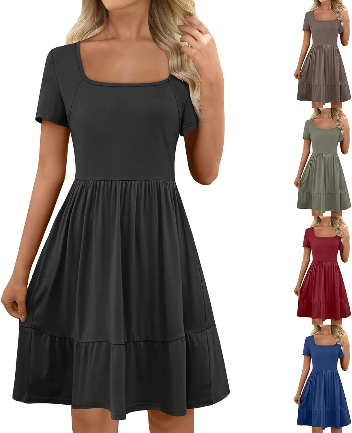 Women 2025 Summer Dress Casual Short Sleeve Square Neck Babydoll Dresses Vacation A-Line Ruffle Sundress