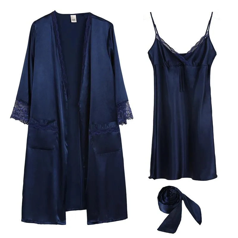 Women Belted Satin Robe & Cami Dress PJ Set