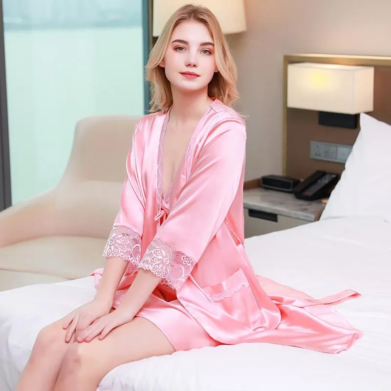 Women Belted Satin Robe & Cami Dress PJ Set