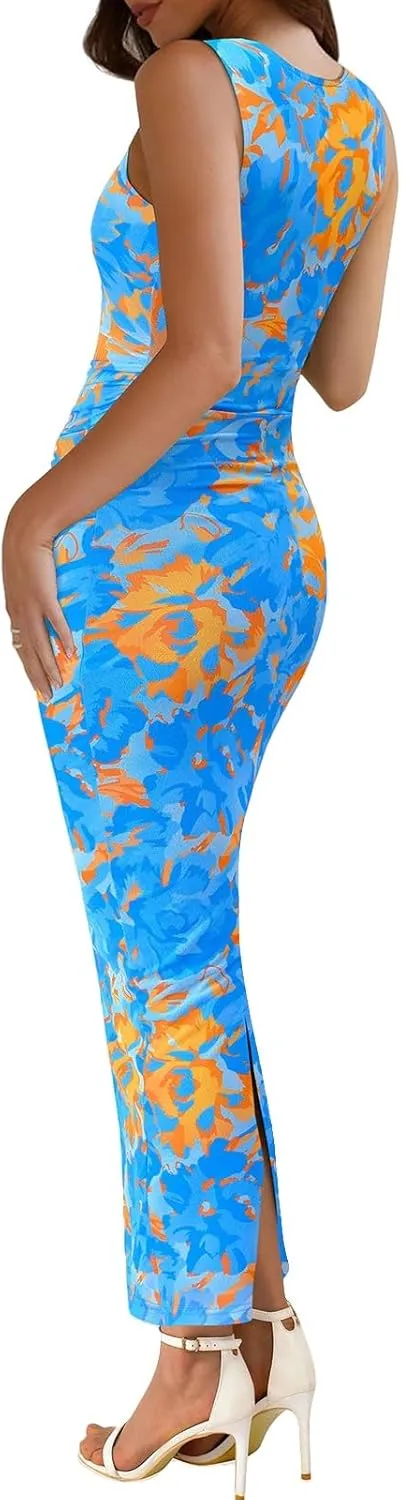 Women Bodycon Maxi Dresses Floral Print Bodycon Long Dress Summer Beach Vacation Wedding Guest Tank Dress