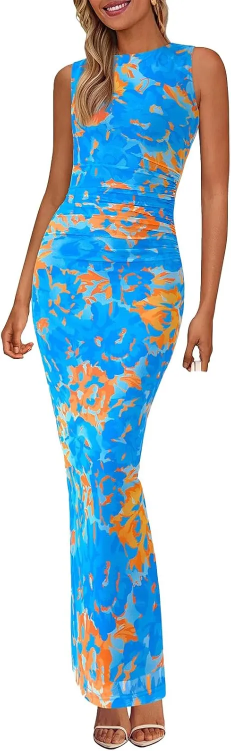 Women Bodycon Maxi Dresses Floral Print Bodycon Long Dress Summer Beach Vacation Wedding Guest Tank Dress