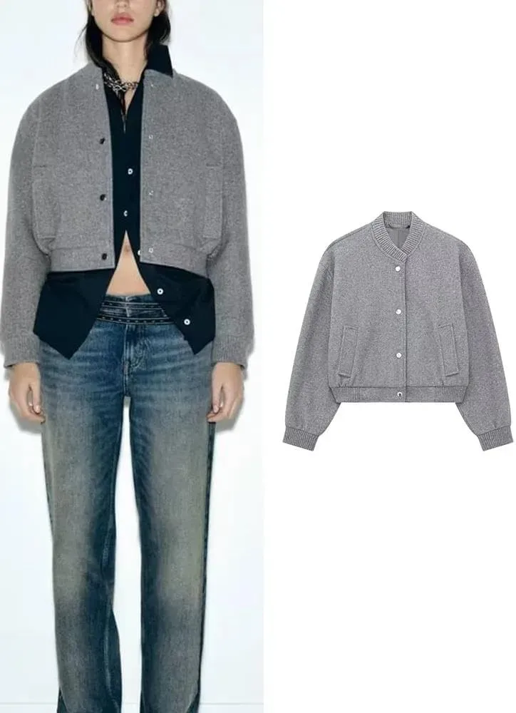 Women Bomber Jackets Faux Wool Blends Covered Button Autumn Coat