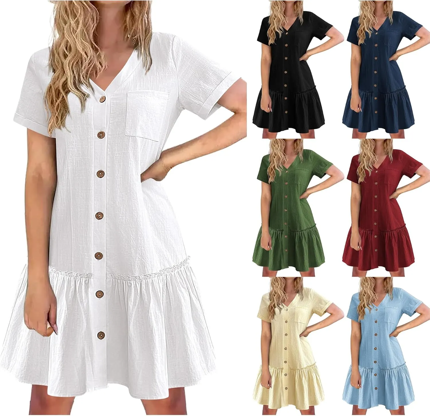 Women Button Down Dress V Neck Tiered Ruffle Hem Mini Dresses Summer Short Sleeve Dress Flowy Swing Sundress