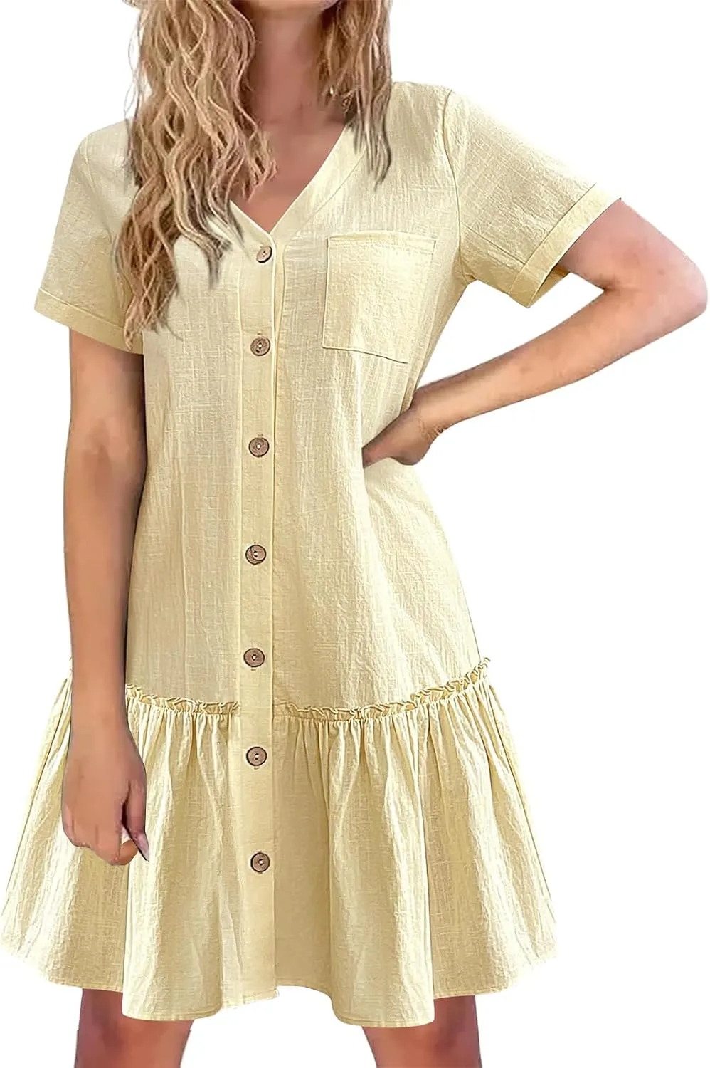 Women Button Down Dress V Neck Tiered Ruffle Hem Mini Dresses Summer Short Sleeve Dress Flowy Swing Sundress