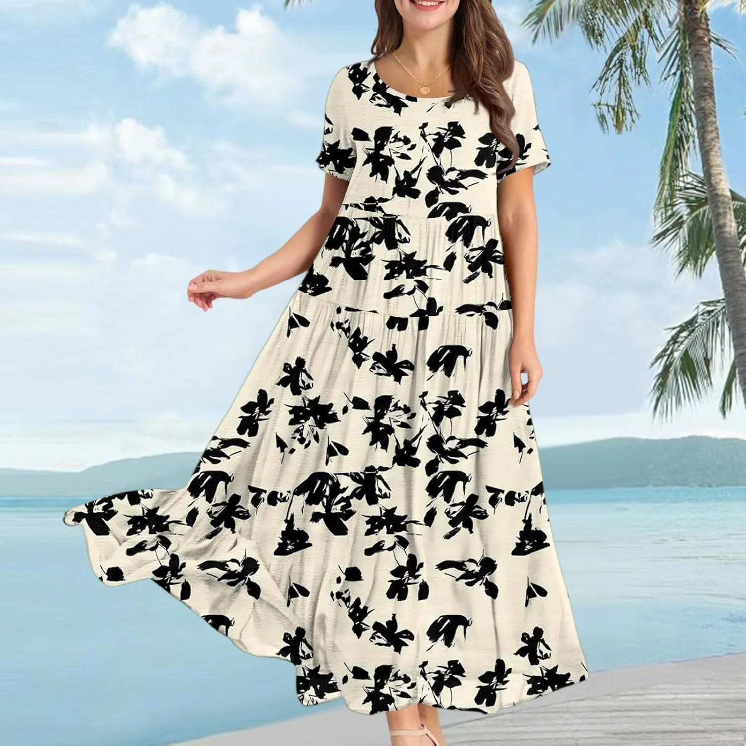 Women Casual Loose Fit Bohemian Floral Dress 2025 Plus Size Short Sleeve Long Maxi Summer Beach Swing Flowy Spring Dresses