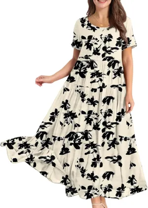 Women Casual Loose Fit Bohemian Floral Dress 2025 Plus Size Short Sleeve Long Maxi Summer Beach Swing Flowy Spring Dresses