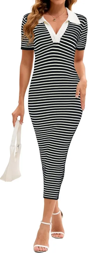 Women Casual Polo V Neck Short Sleeve Striped Knit Midi Dresses Vintage Colorblock Stretchy Bodycon Maxi Dress