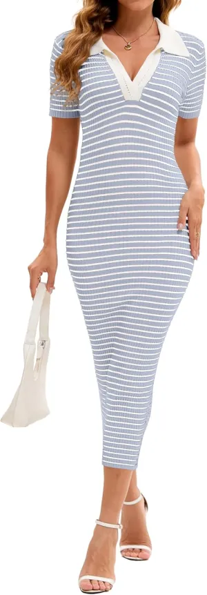 Women Casual Polo V Neck Short Sleeve Striped Knit Midi Dresses Vintage Colorblock Stretchy Bodycon Maxi Dress