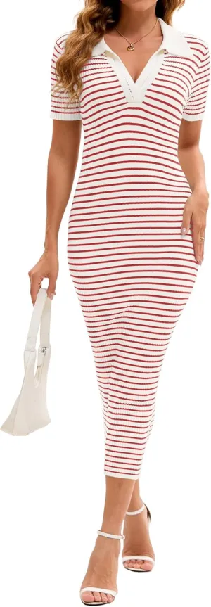 Women Casual Polo V Neck Short Sleeve Striped Knit Midi Dresses Vintage Colorblock Stretchy Bodycon Maxi Dress