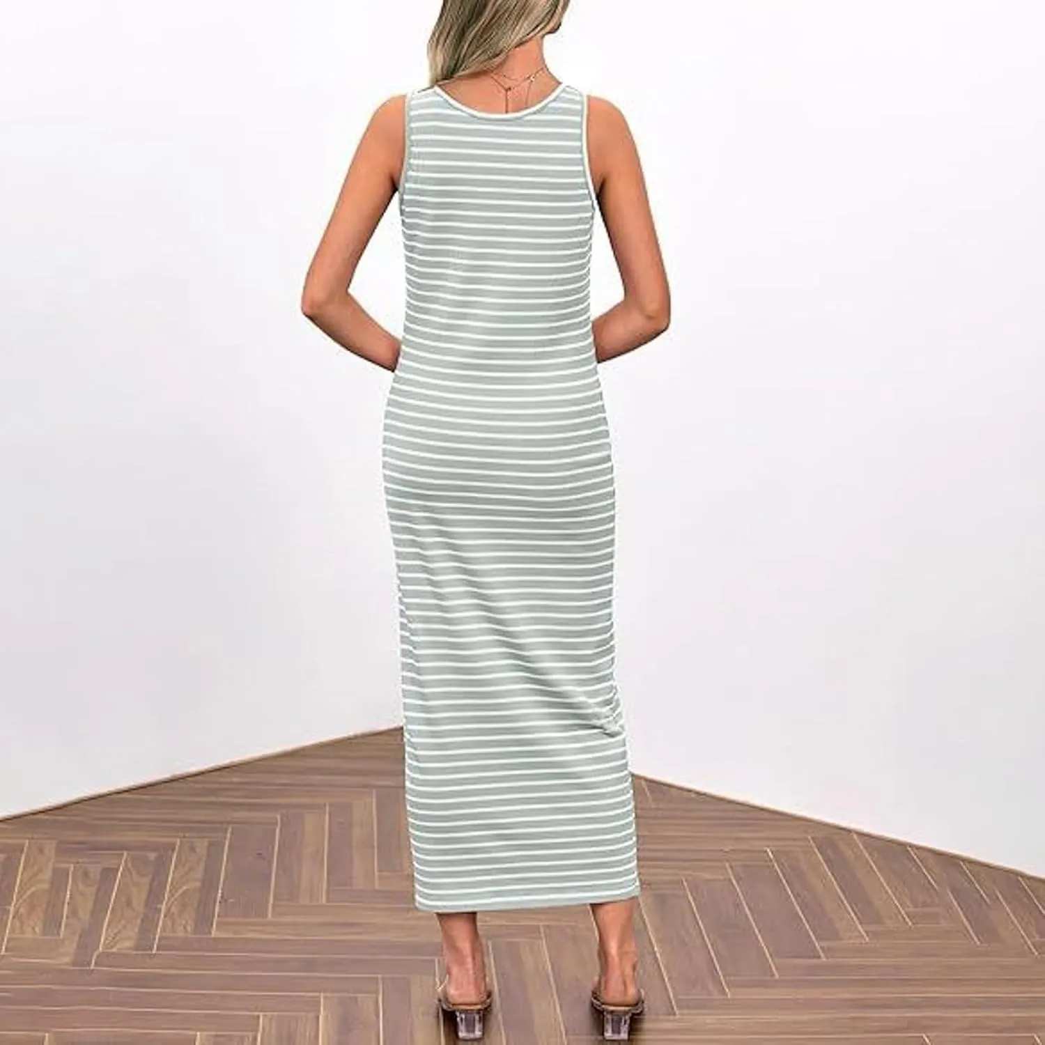 Women Casual Sleeveless Striped Tank Midi Dresses Spring U Neck Bodycon Dresses T Shirt Summer Dress