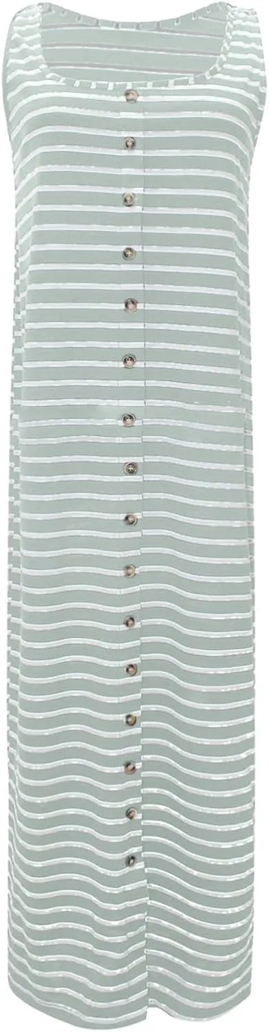 Women Casual Sleeveless Striped Tank Midi Dresses Spring U Neck Bodycon Dresses T Shirt Summer Dress