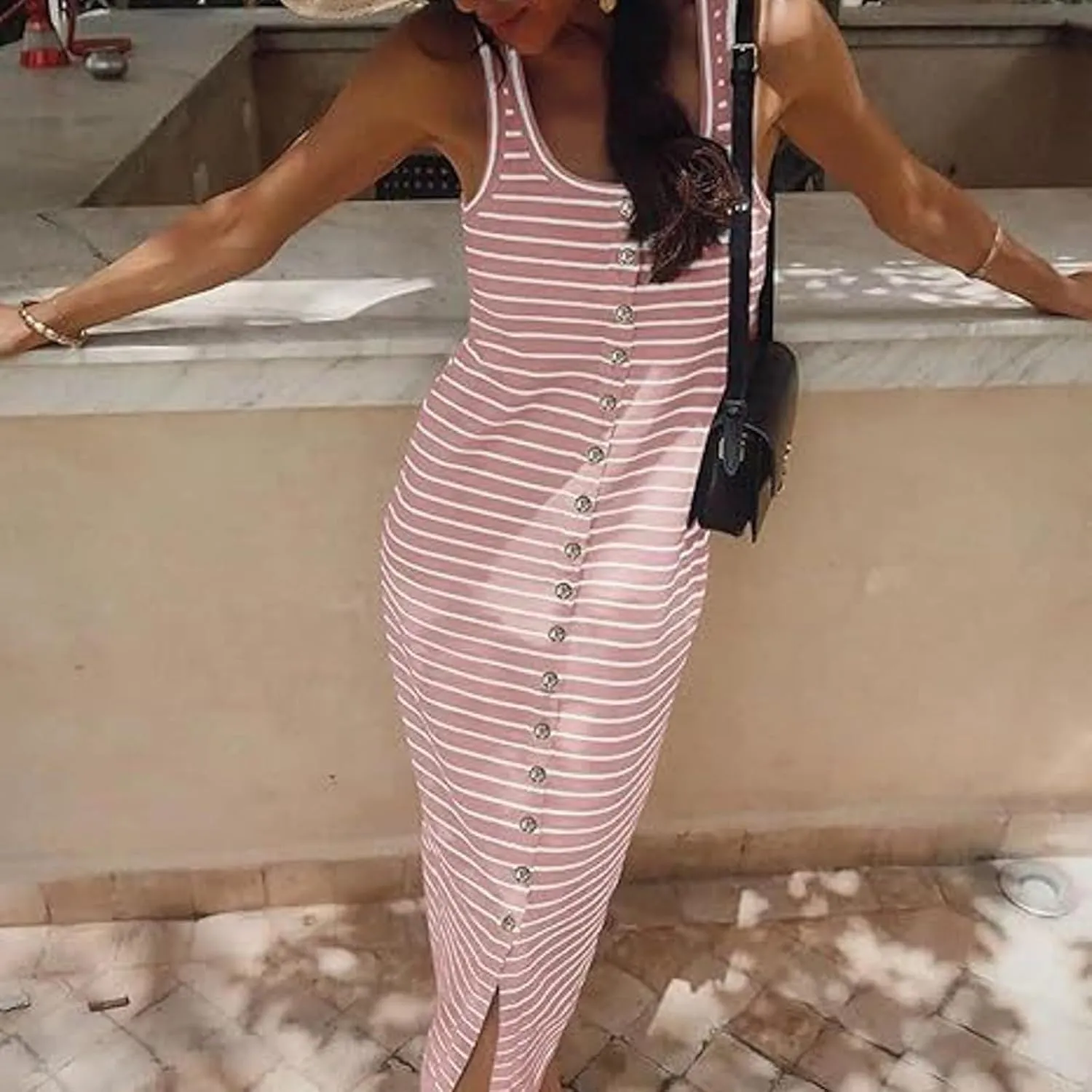 Women Casual Sleeveless Striped Tank Midi Dresses Spring U Neck Bodycon Dresses T Shirt Summer Dress