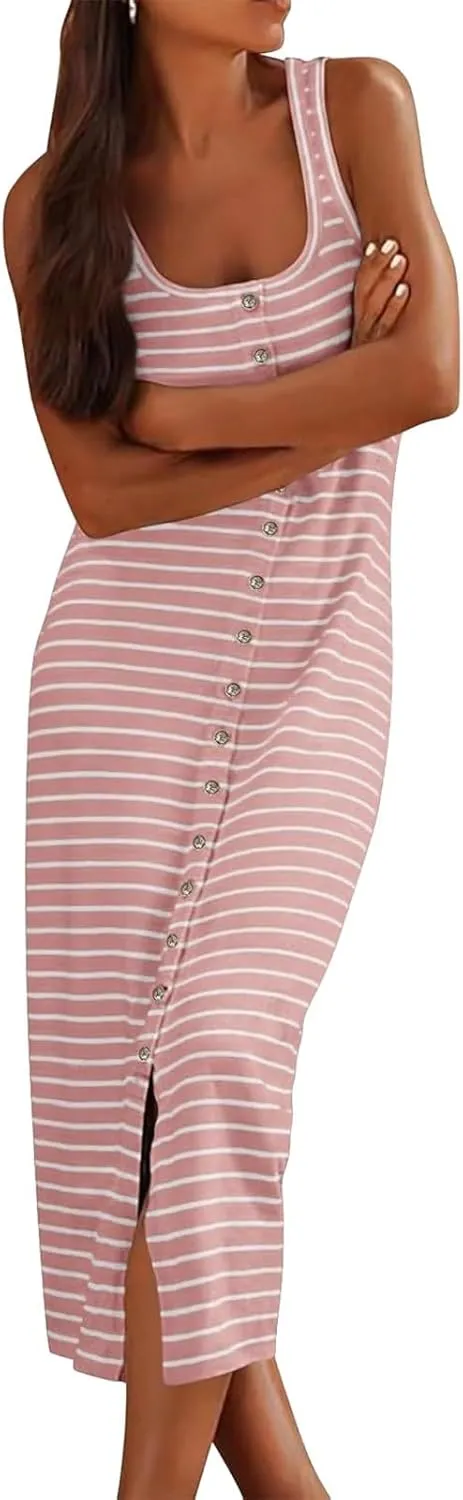 Women Casual Sleeveless Striped Tank Midi Dresses Spring U Neck Bodycon Dresses T Shirt Summer Dress